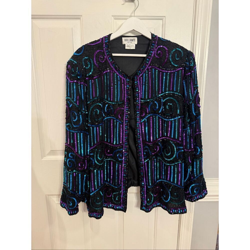 Brilliante by J.A. Black Silk Purple Green Blue Sequin Formal Open Front Jacket
